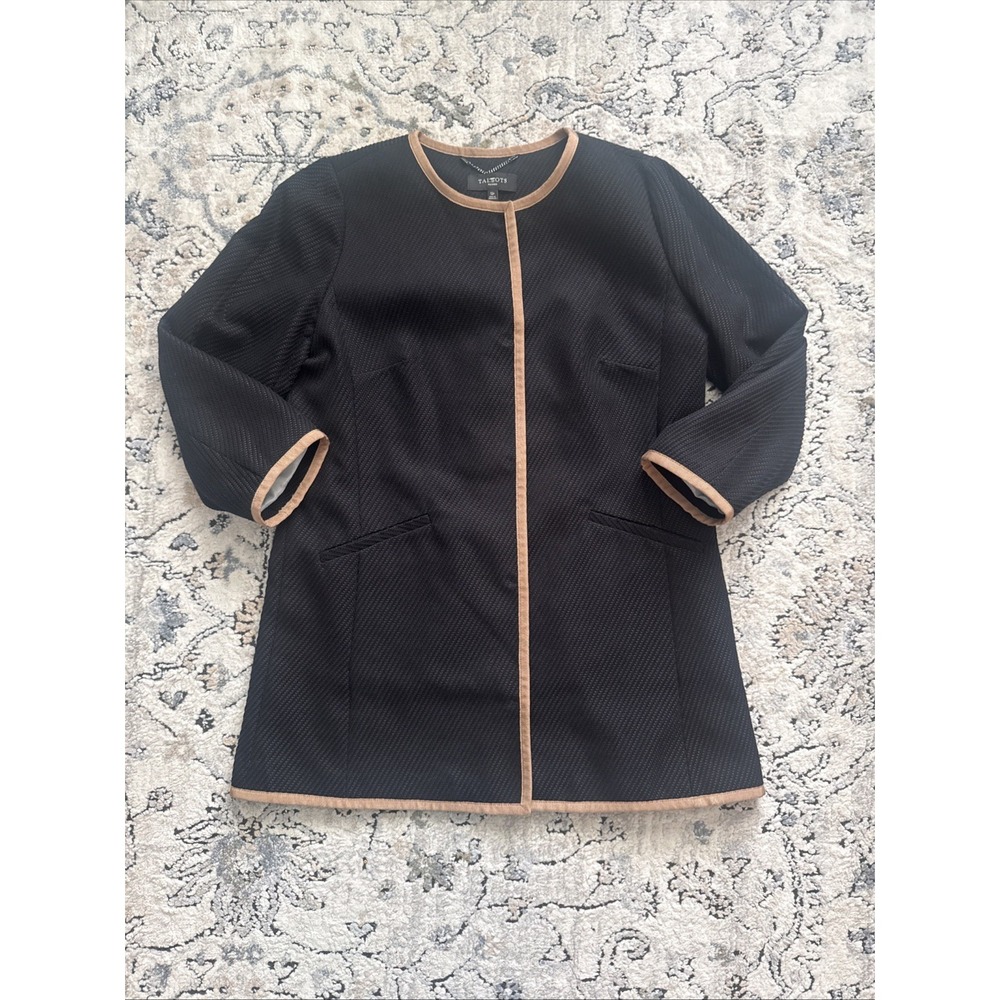 Talbots Woman's Longline Blazer With Contrast Trim Black And Tan Size 12 P